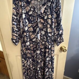 Navy Floral V-Neck Midi Dress with Puff Sleeves